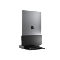 Brydge ProDock docking station with a closed MacBook mounted vertically, studio product shot.